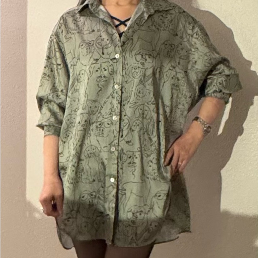 Green Dog Print Button-Up Shirt